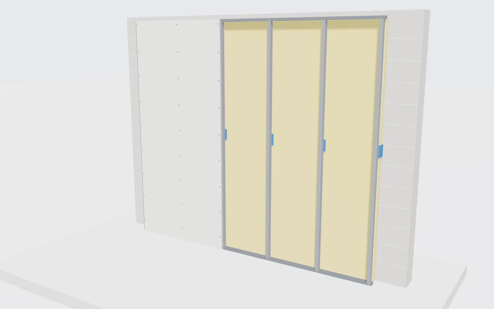 Rendu 3D d'une contre-cloison métallique devant un mur en blocs, avec appuis intermédiaires bleus et isolant